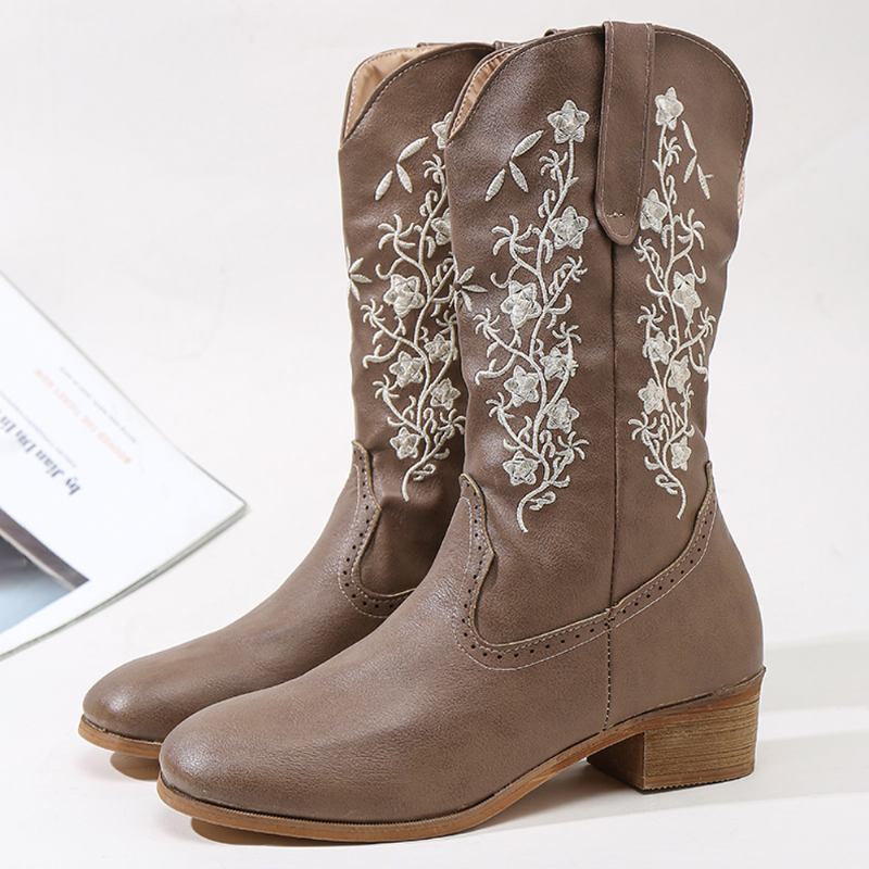 Retro Blomstrete Square Toe Slip On Mid-calf Block Heel Cowboy Boots For Kvinner