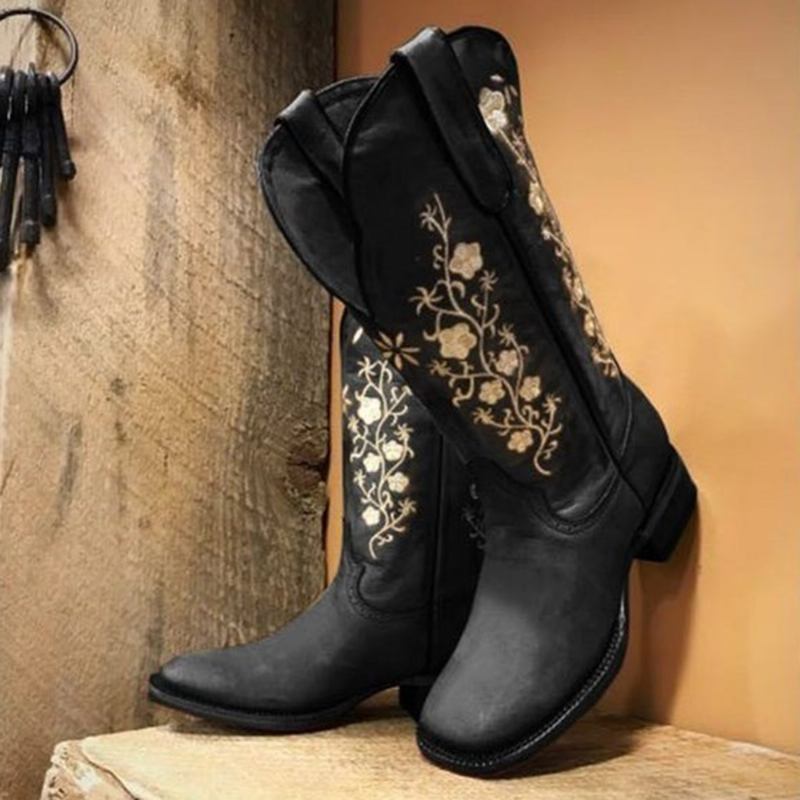 Retro Blomstrete Square Toe Slip On Mid-calf Block Heel Cowboy Boots For Kvinner