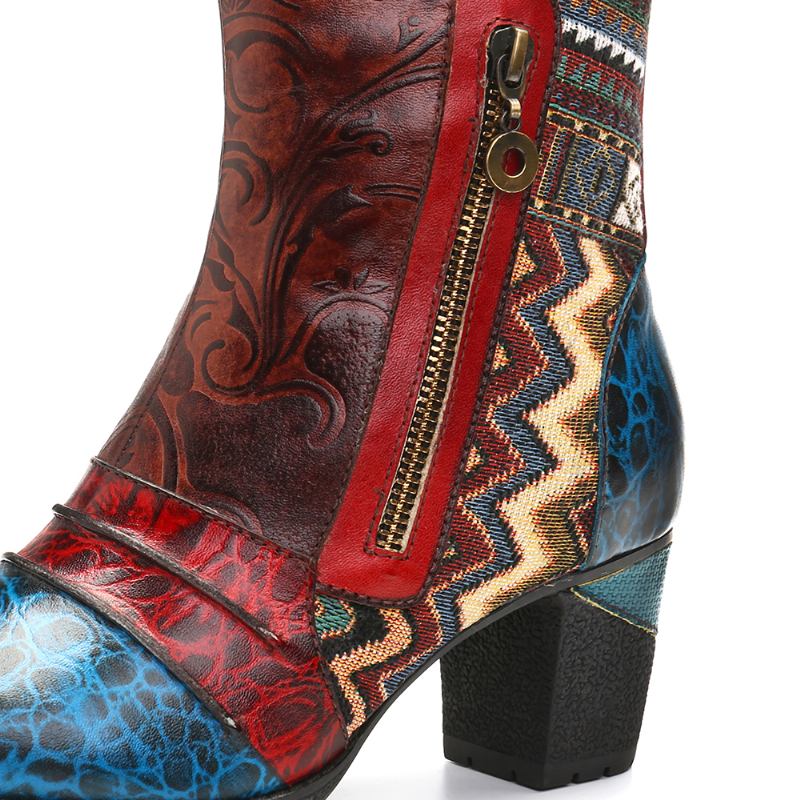 Retro Leather Embosed Blomstrete Splicing Folkways Style Dobbel Side Glidelås Fritids Boots