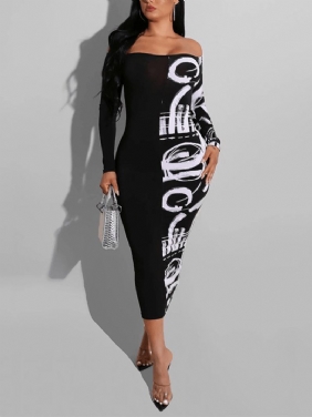 Alphabet Graffiti Patchwork Off Shoulder Black Bodycon Maxi Dress