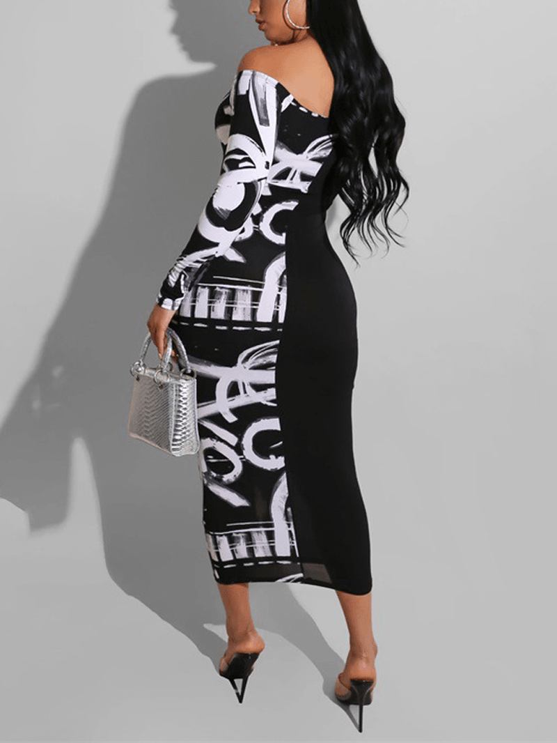 Alphabet Graffiti Patchwork Off Shoulder Black Bodycon Maxi Dress