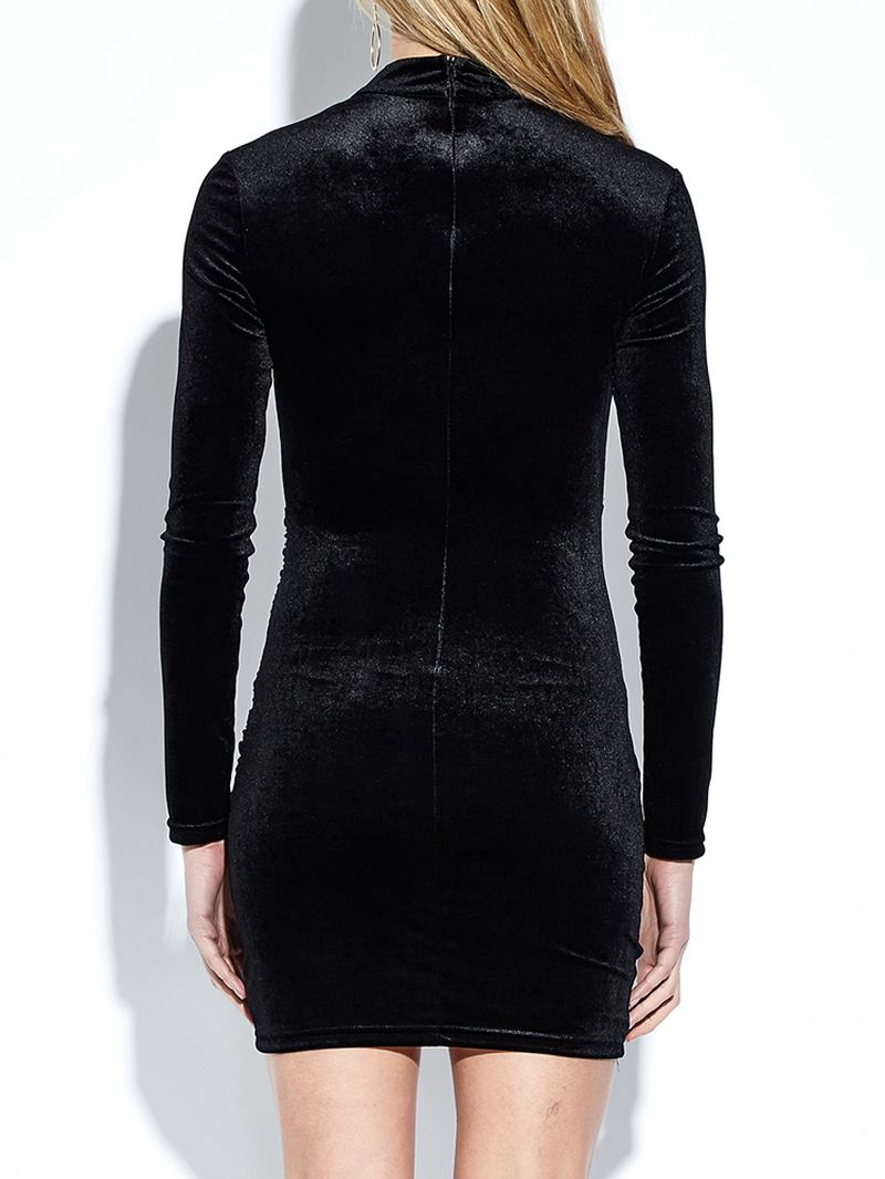 Kvinner Party Black Velvet Bodycon Langermet Hollow Out Minikjole