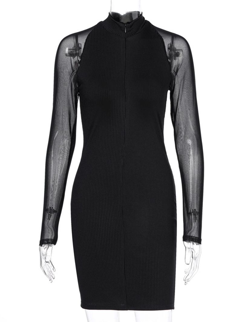 Kvinner Stativ Krage Front Glidelås Mesh Langermet Slim Wrap Dress