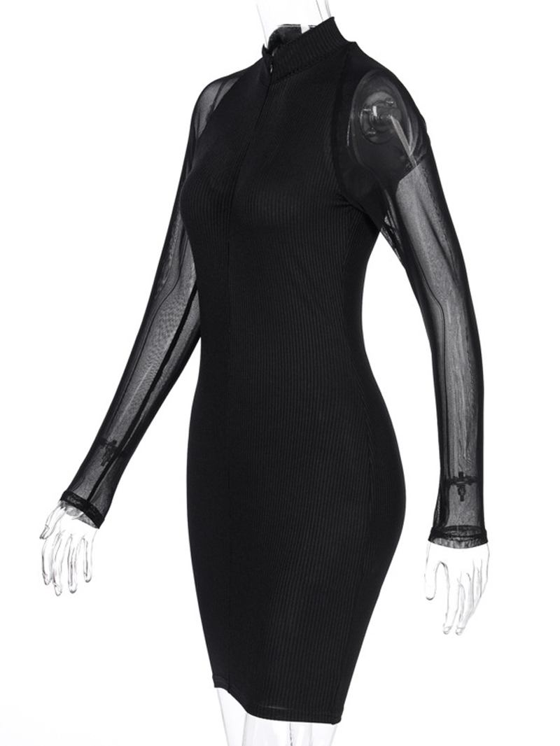 Kvinner Stativ Krage Front Glidelås Mesh Langermet Slim Wrap Dress