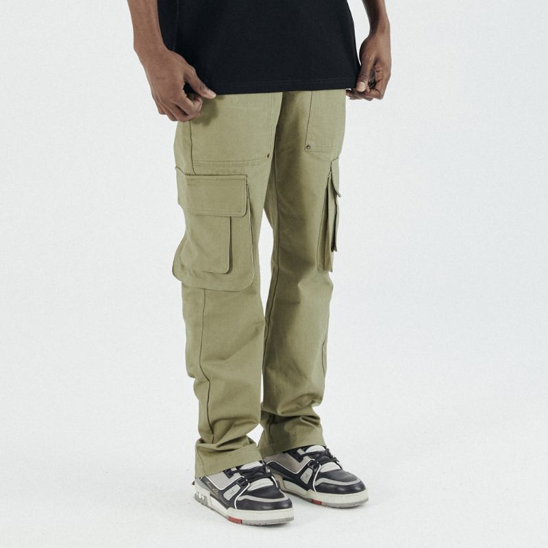 Army Green Pocket Glidelås Rett Workwear Fritids Bukser