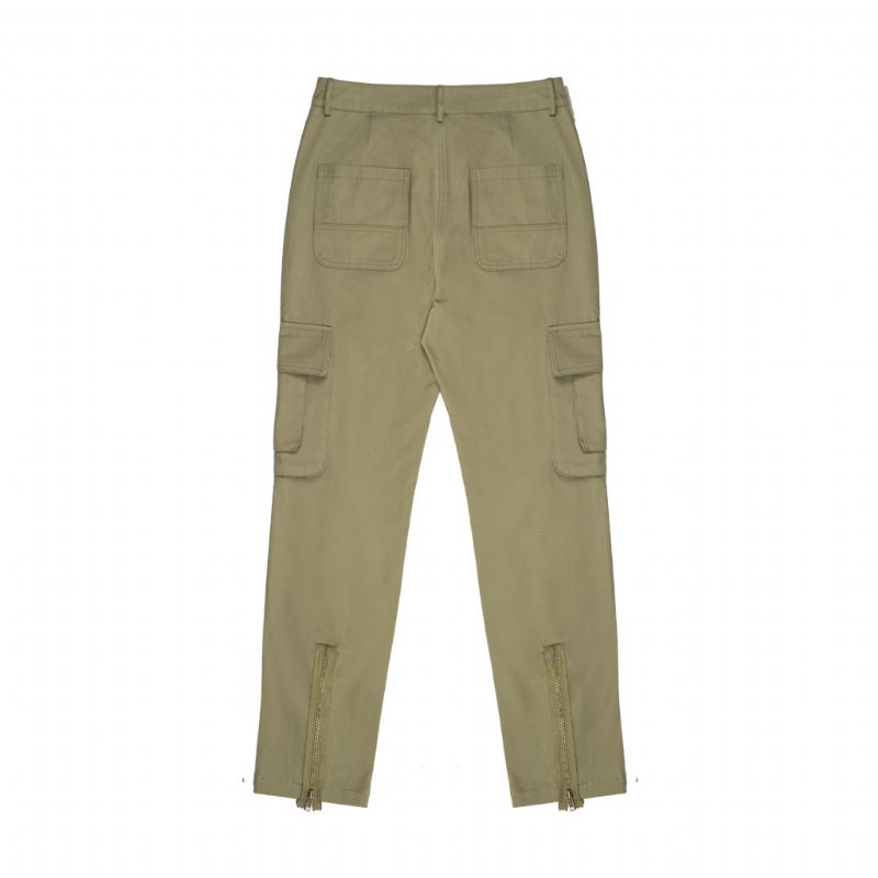 Army Green Pocket Glidelås Rett Workwear Fritids Bukser