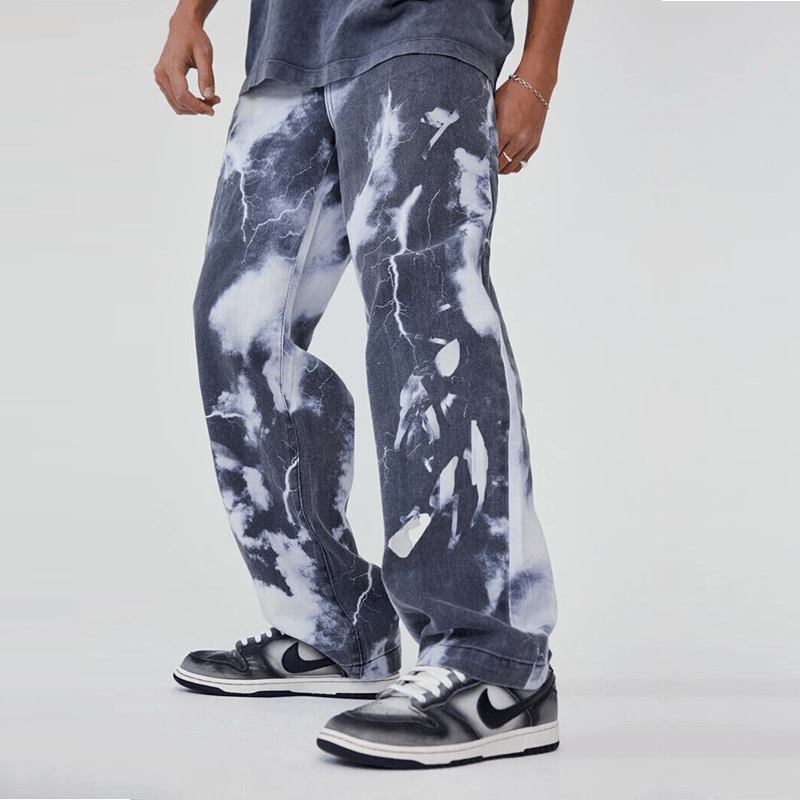 Europeisk Og Amerikansk Trend High Gate Washed Tie-dye Med Trykk Denimbukser For Menn