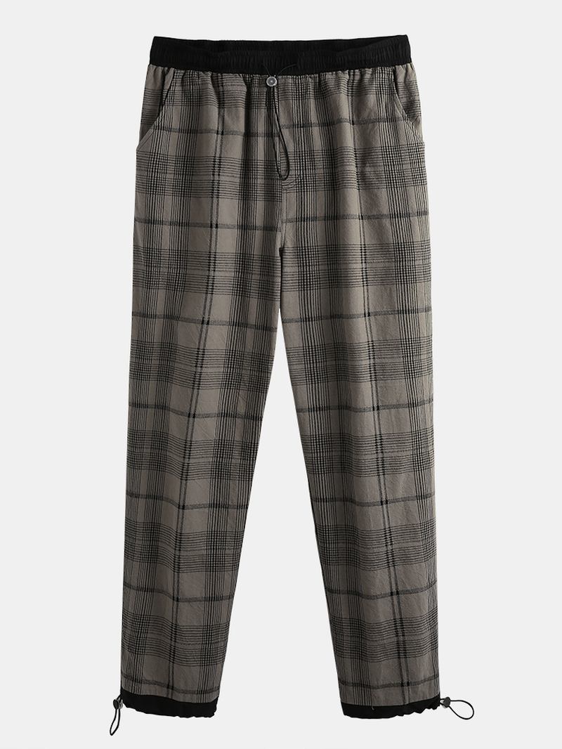 Herre 100% Bomull Tartan Plaid Løs Elastisk Midje Cargobukser Med Lomme