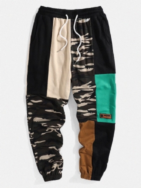 Herre Camo Patchwork Cargo Joggebukse Med Snøring Med Mansjett Med Lomme