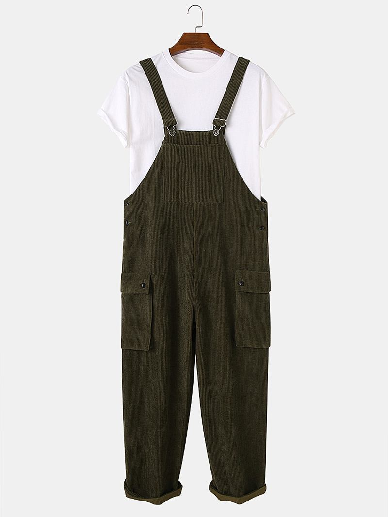 Herre Corduroy Ensfarget Sidelomme Ermeløse Løse Jumpsuits