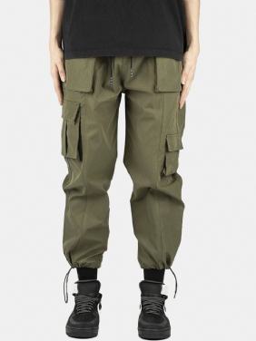 Herre Ensfarget Snøring Elastisk Midje Multi Pocket Cargo Pants