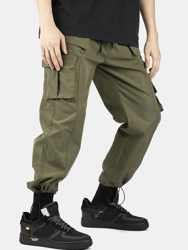 Herre Ensfarget Snøring Elastisk Midje Multi Pocket Cargo Pants