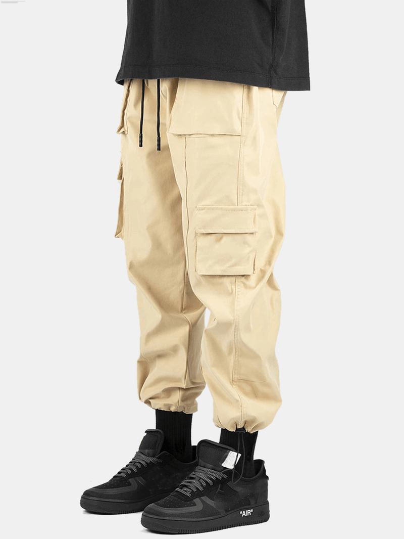 Herre Ensfarget Snøring Elastisk Midje Multi Pocket Cargo Pants