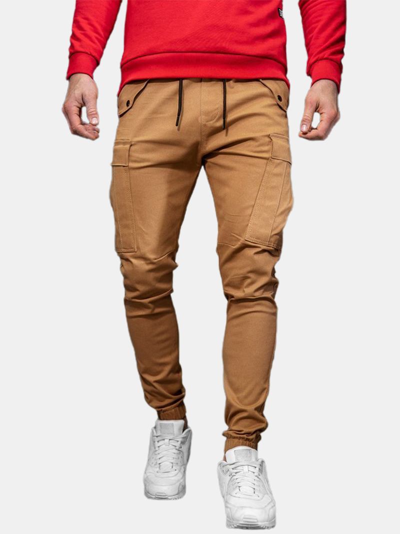 Herre Ensfarget Snøring Mid Waist Overalls Pocket Cargo Pants