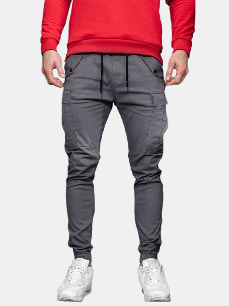 Herre Ensfarget Snøring Mid Waist Overalls Pocket Cargo Pants