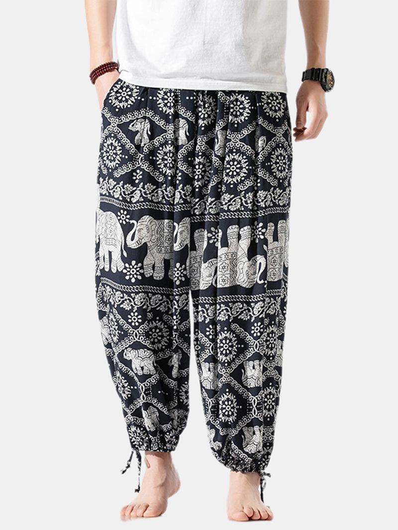 Herre Lin Etnisk Stil Med Trykk Loose Fit Justerbar Mansjett Snøring Midje Harem Pants