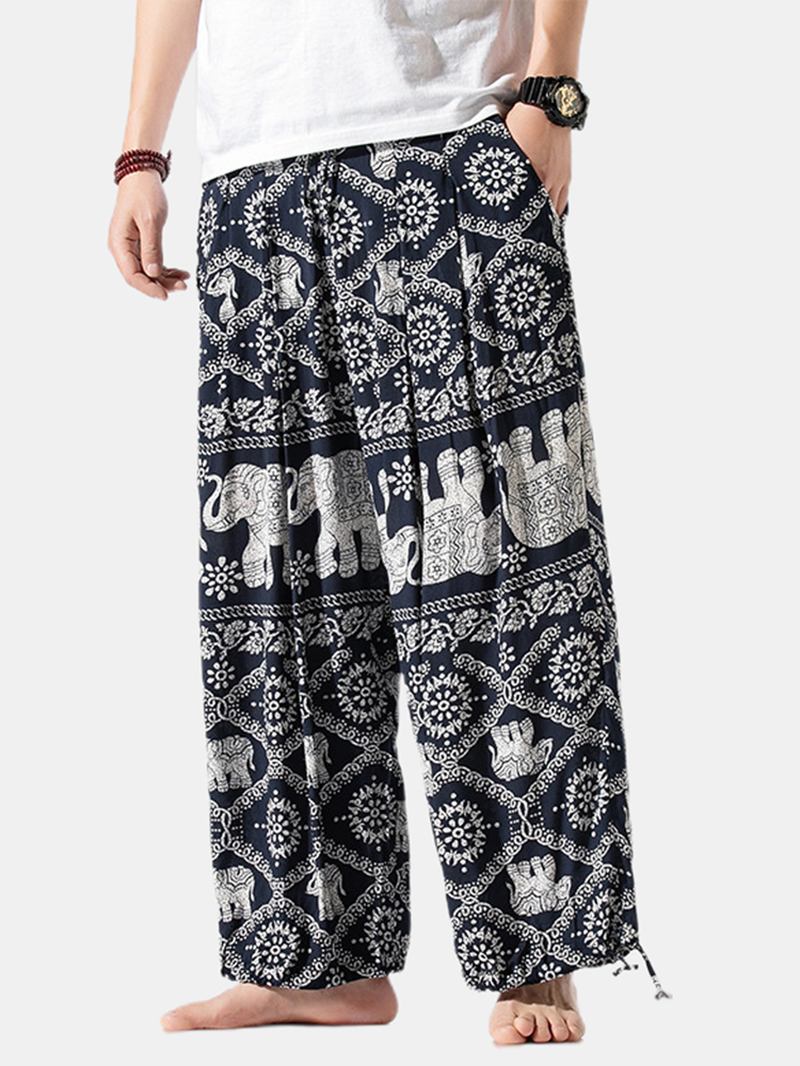 Herre Lin Etnisk Stil Med Trykk Loose Fit Justerbar Mansjett Snøring Midje Harem Pants