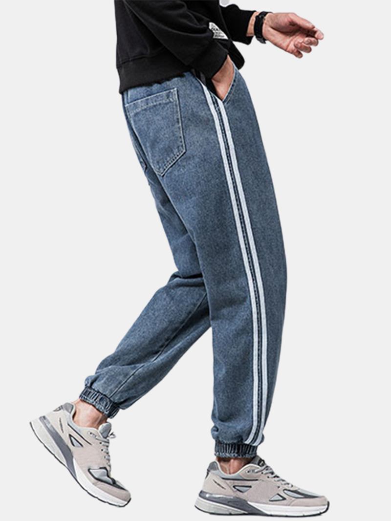 Herre Side Stripe Fritids Snøring Elastisk Ankel Vasket Denim Bukser Med Lomme