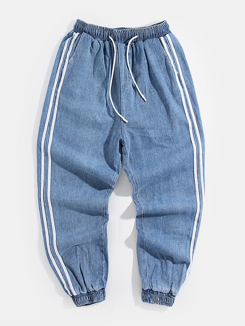 Herre Side Stripe Fritids Snøring Elastisk Ankel Vasket Denim Bukser Med Lomme