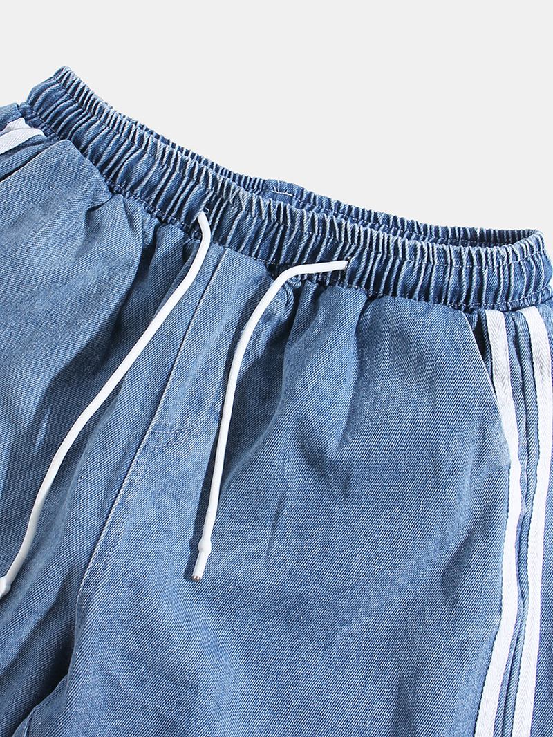 Herre Side Stripe Fritids Snøring Elastisk Ankel Vasket Denim Bukser Med Lomme