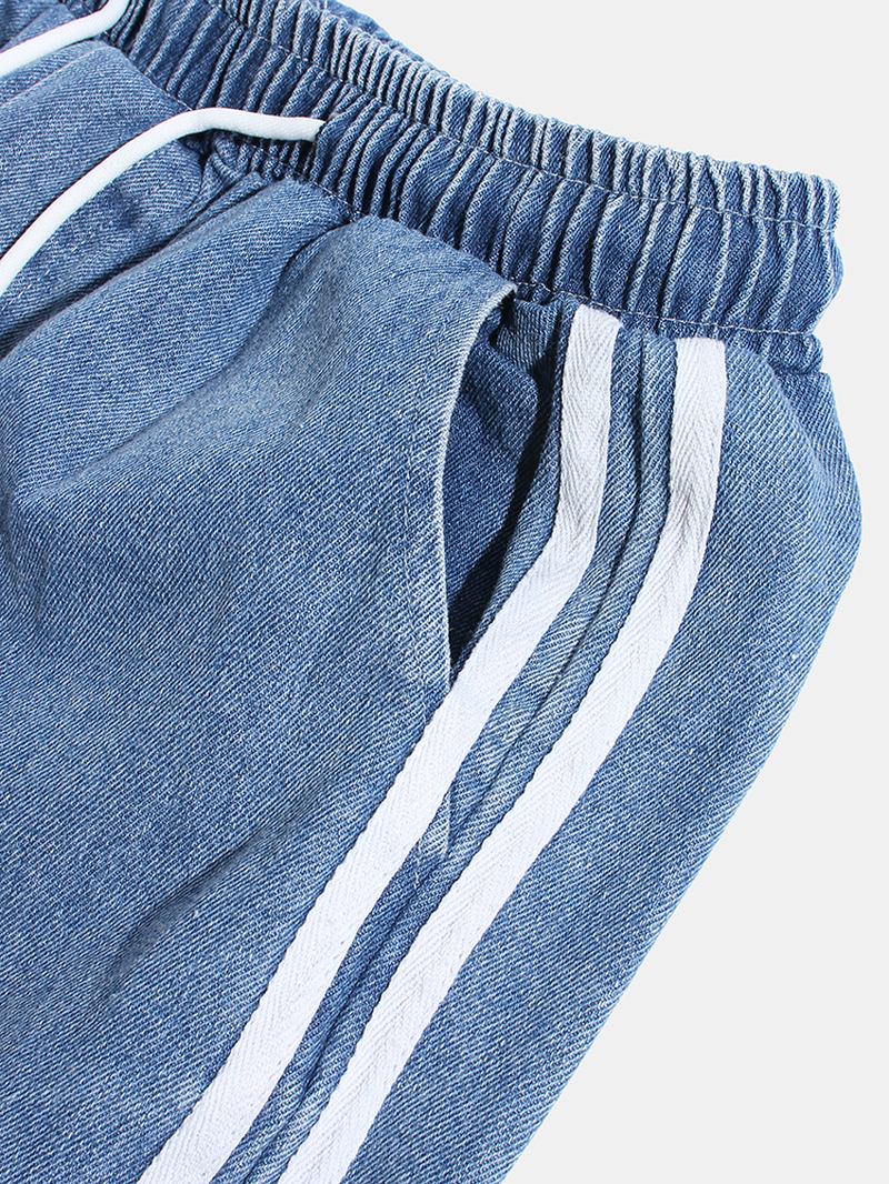 Herre Side Stripe Fritids Snøring Elastisk Ankel Vasket Denim Bukser Med Lomme