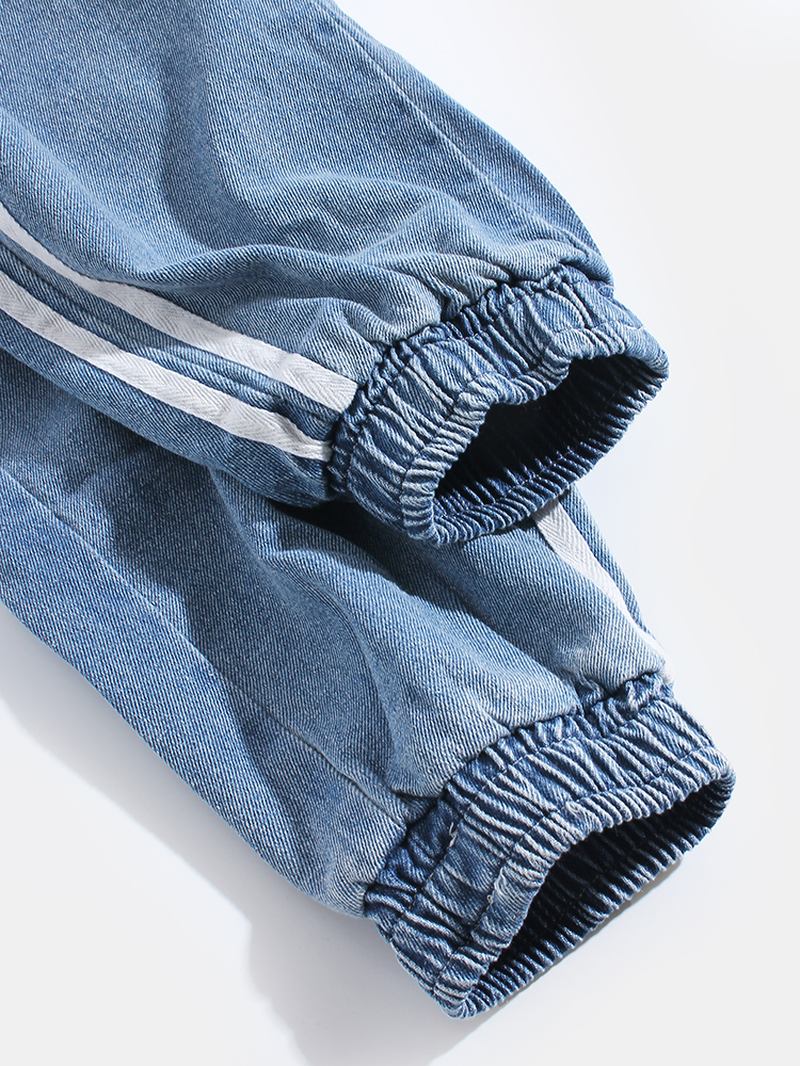 Herre Side Stripe Fritids Snøring Elastisk Ankel Vasket Denim Bukser Med Lomme