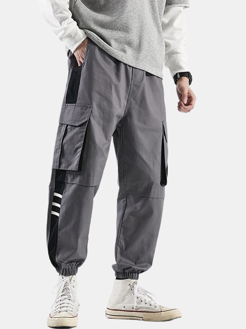 Herre Side Striped Patchwork Bomull Snøring Mansjett Cargo Jogger Pants