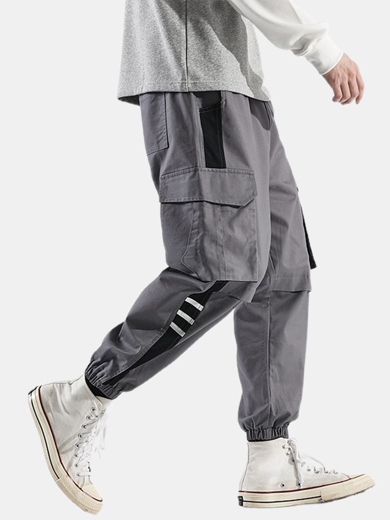 Herre Side Striped Patchwork Bomull Snøring Mansjett Cargo Jogger Pants