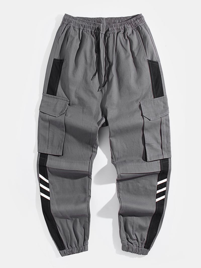 Herre Side Striped Patchwork Bomull Snøring Mansjett Cargo Jogger Pants