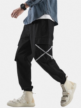 Herre Side X Ribbon Cotton Elastisk Ankel Snøring Cargo Jogger Pants