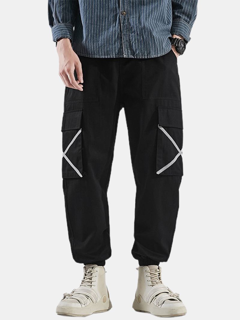 Herre Side X Ribbon Cotton Elastisk Ankel Snøring Cargo Jogger Pants