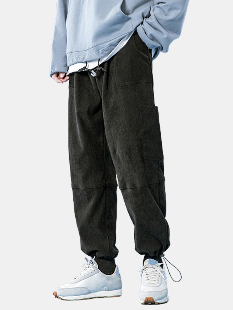 Herre Solid Color Multi Pocket Mid Waist Drawstring Cargo Pants