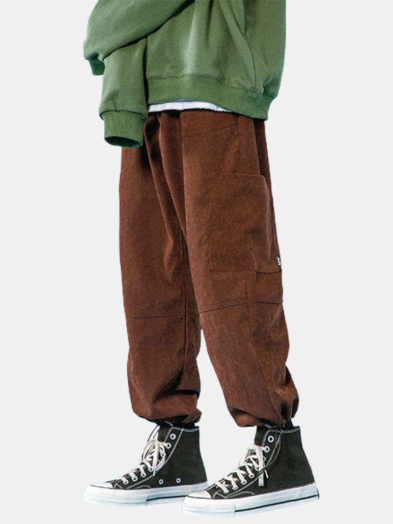 Herre Solid Color Multi Pocket Mid Waist Drawstring Cargo Pants