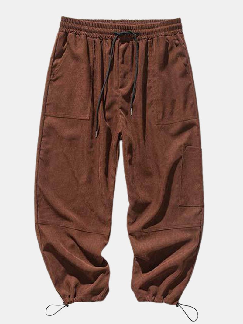 Herre Solid Color Multi Pocket Mid Waist Drawstring Cargo Pants