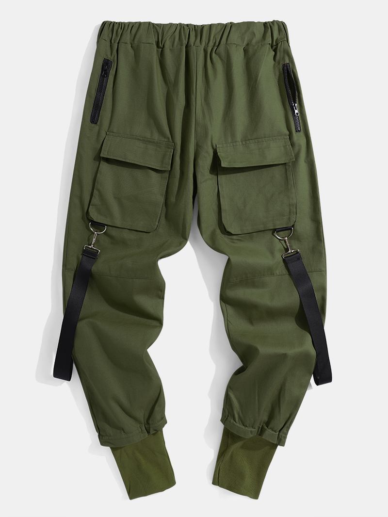 Herre Solid Multi Pocket Elastisk Midje Cargo Beam Feet Bukser Med Bånd