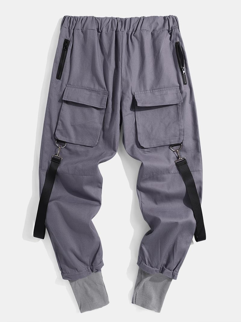 Herre Solid Multi Pocket Elastisk Midje Cargo Beam Feet Bukser Med Bånd