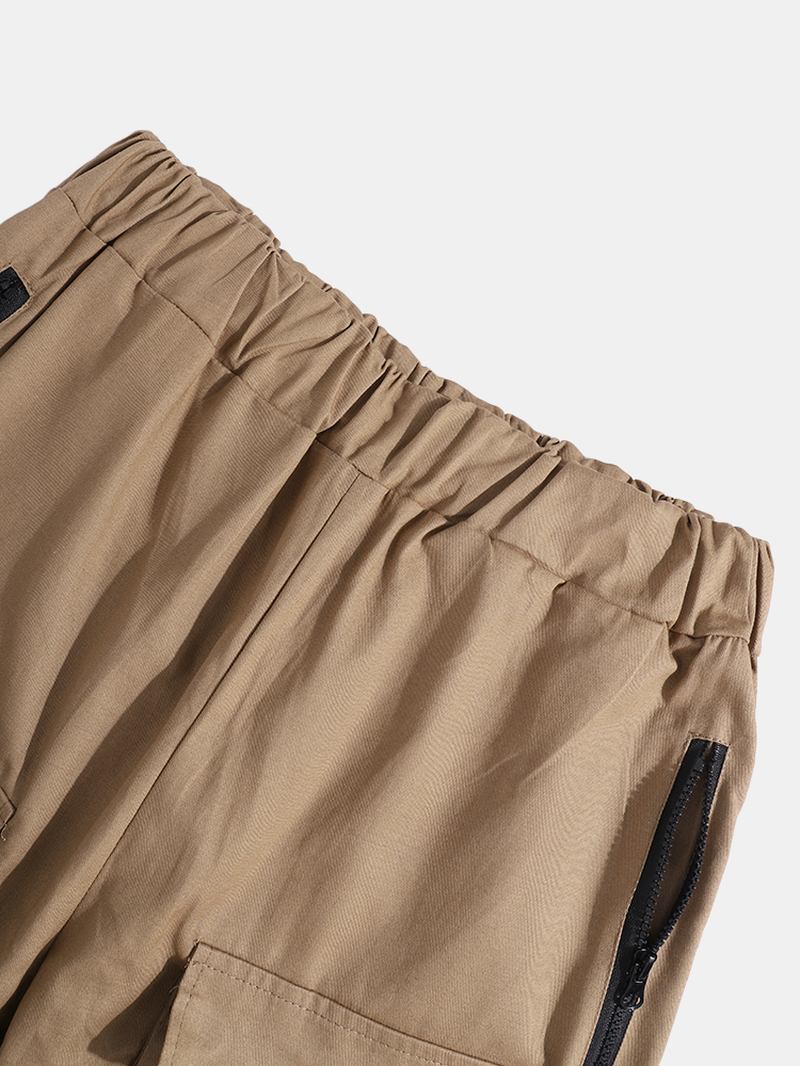 Herre Solid Multi Pocket Elastisk Midje Cargo Beam Feet Bukser Med Bånd