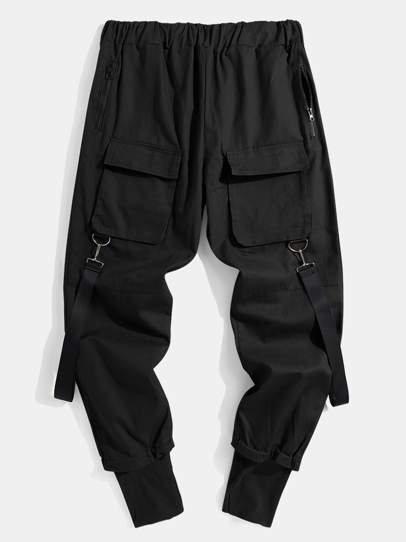 Herre Solid Multi Pocket Elastisk Midje Cargo Beam Feet Bukser Med Bånd