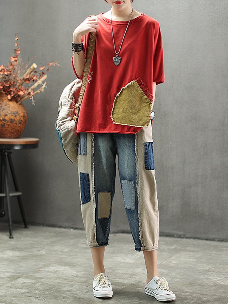 Kontrastfarge Patchwork Patch Uformelle Jeans