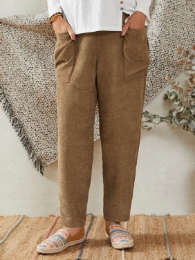 Kvinner Khaki Corduroy Sidelommer Ankellengde Bukser