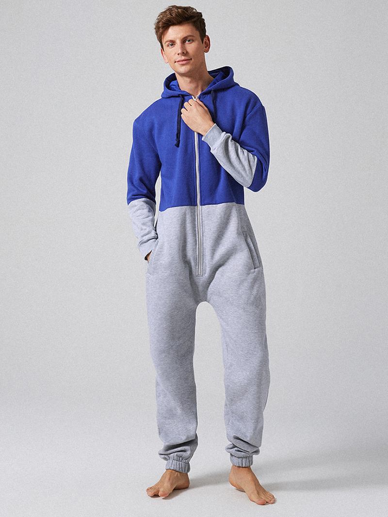 Menn Mote Fløyel Tykk Kontrastfarge Glidelås Hooded Loungewear Jumpsuit