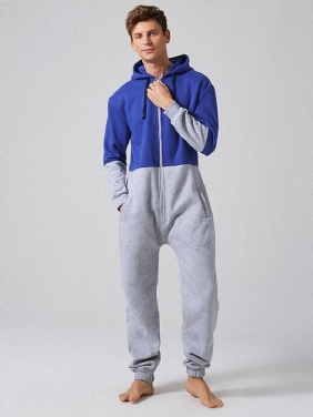 Menn Mote Fløyel Tykk Kontrastfarge Glidelås Hooded Loungewear Jumpsuit