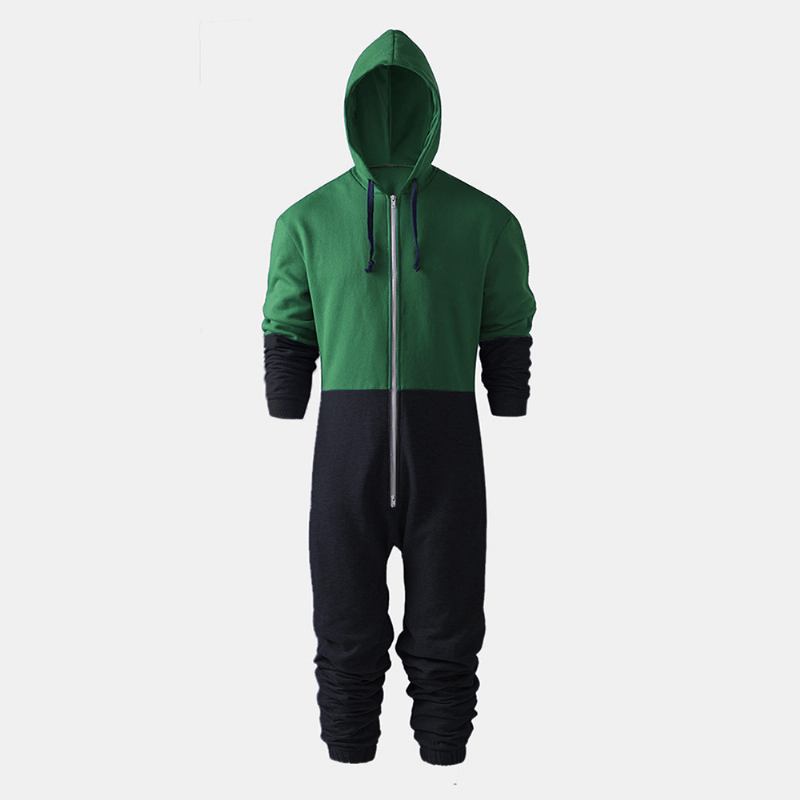 Menn Mote Fløyel Tykk Kontrastfarge Glidelås Hooded Loungewear Jumpsuit