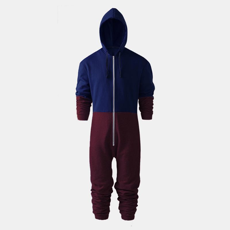 Menn Mote Fløyel Tykk Kontrastfarge Glidelås Hooded Loungewear Jumpsuit