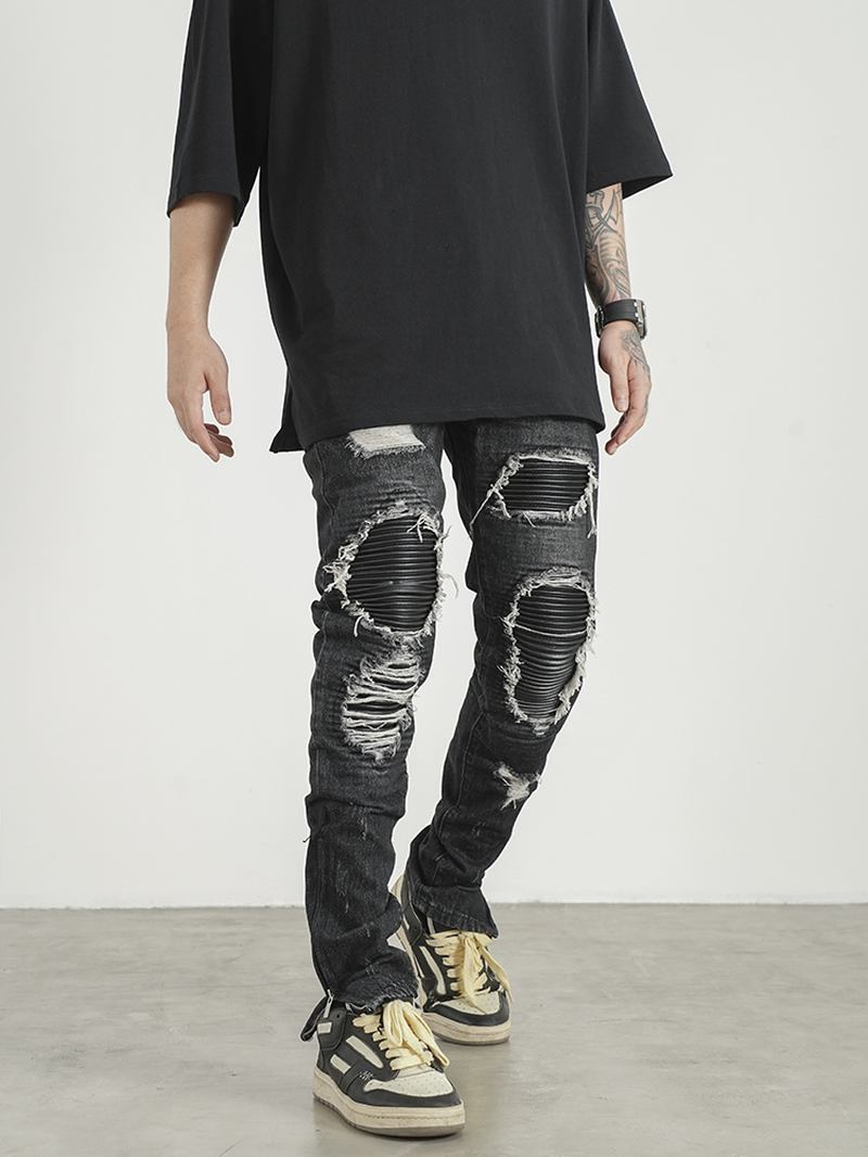 Menn Ripped Patch Pu Og Skinnglidelås Jeans