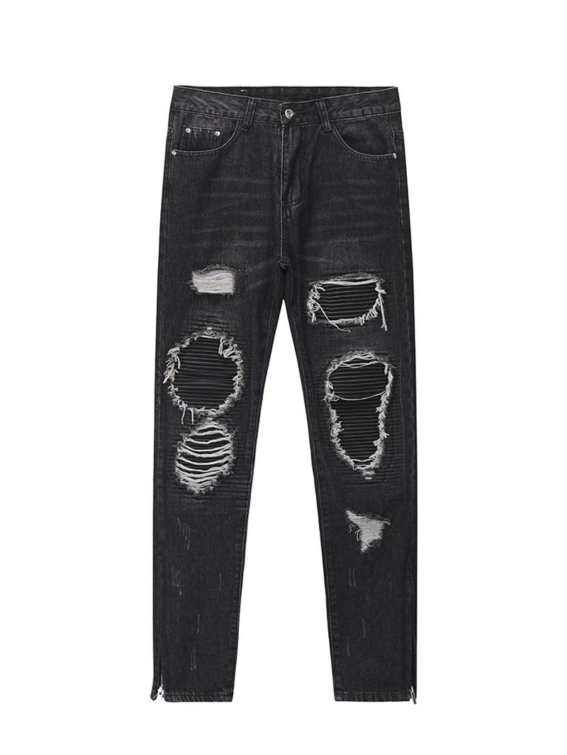 Menn Ripped Patch Pu Og Skinnglidelås Jeans