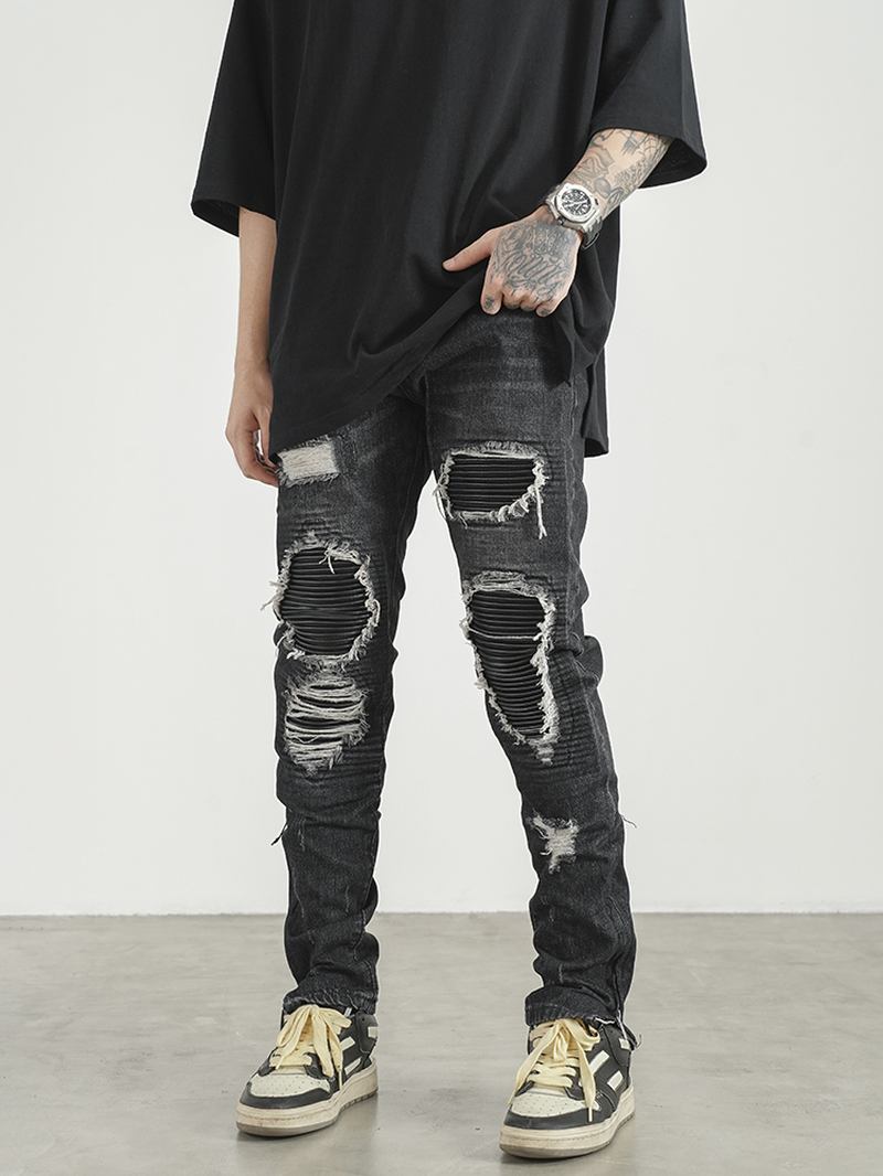 Menn Ripped Patch Pu Og Skinnglidelås Jeans