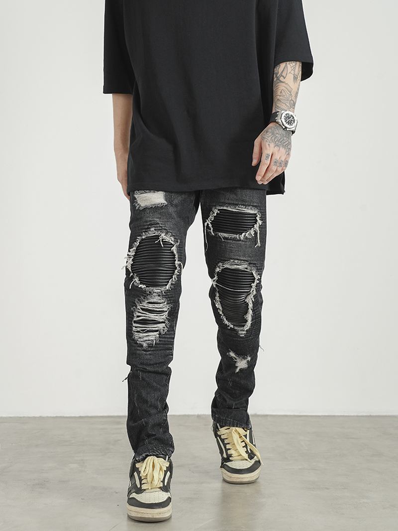 Menn Ripped Patch Pu Og Skinnglidelås Jeans