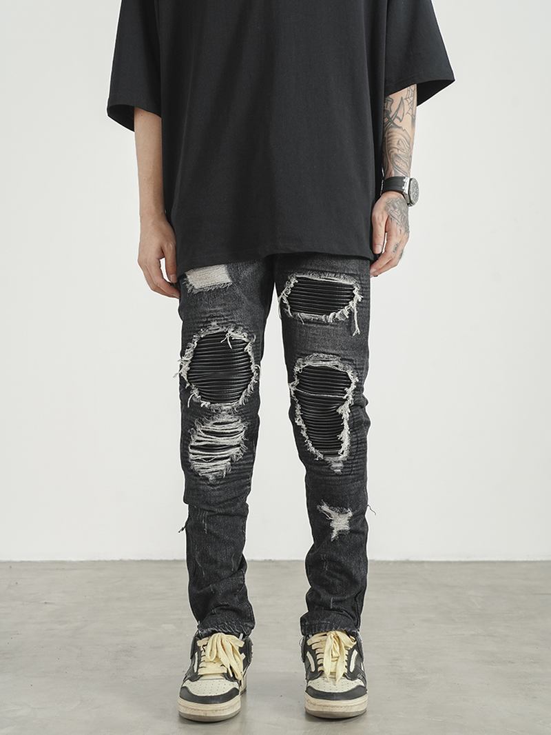 Menn Ripped Patch Pu Og Skinnglidelås Jeans