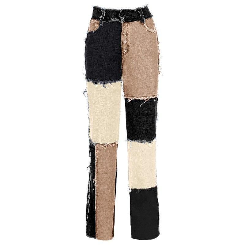 Patchwork Contast Farge Hip Hop Bukser Kvinner High Waist Gate Wear Dusk Jeans Uformelle Dongeribukser